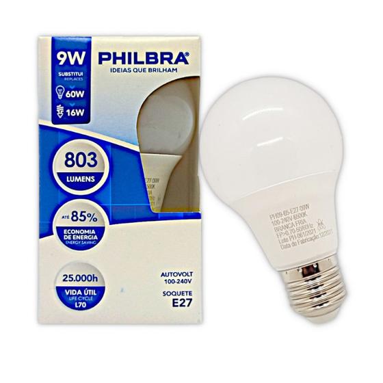 Imagem de Lâmpada LED Bulbo Branco frio 9W Bivolt 6500K - Philbra