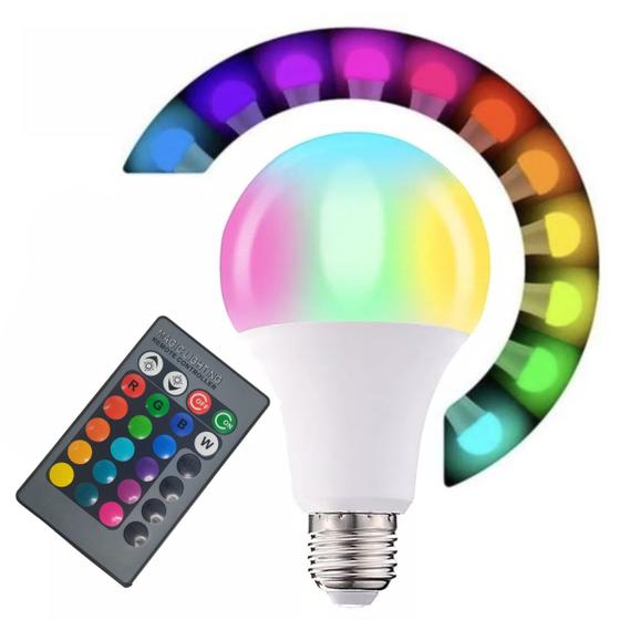 Imagem de Lampada Led Colorida 16 Cores RGB 9w Controle Remoto Bulbo E27 Quarto Sala Decoraçao Casa Iluminaçao