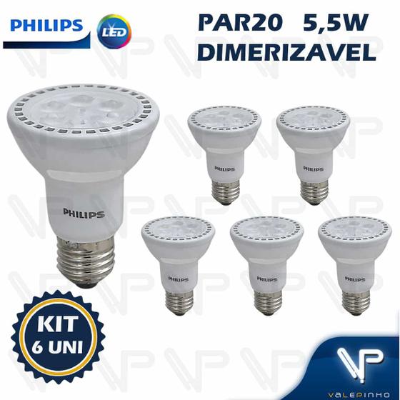 Lâmpada led par20 philips 5,5w 220v 2700k(branco quente)e27 dimerizável kit6 Menor preço em Lâmpada led par20 philips 5,5w 220v 2700k(branco quente)e27 dimerizável kit6