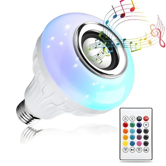 Imagem de Lâmpada LED RGB 12W E27 com Bluetooth e Alto-falante - Controle Remoto e Mudança de Cor