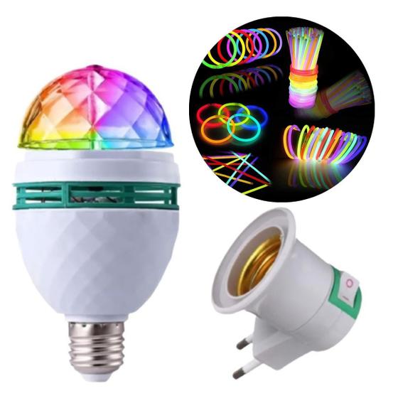 Imagem de Lâmpada LED RGB Giratória Colorida e 10 Pulseiras que Brilham