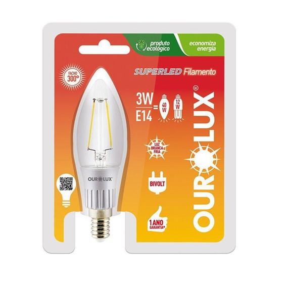 Imagem de Lampada LED Vela Filamento Clara Bocal E27 3 watts Bivolt 6000k Branco Neutro OUROLUX 