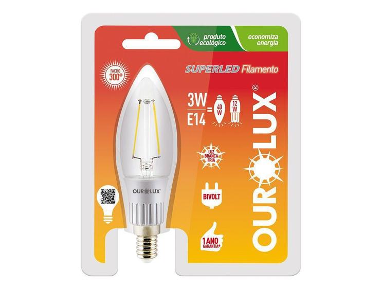 Imagem de Lampada LED Vela Filamento Fosca Bocal E27 3 watts Bivolt 6000k Branco neutro OUROLUX 