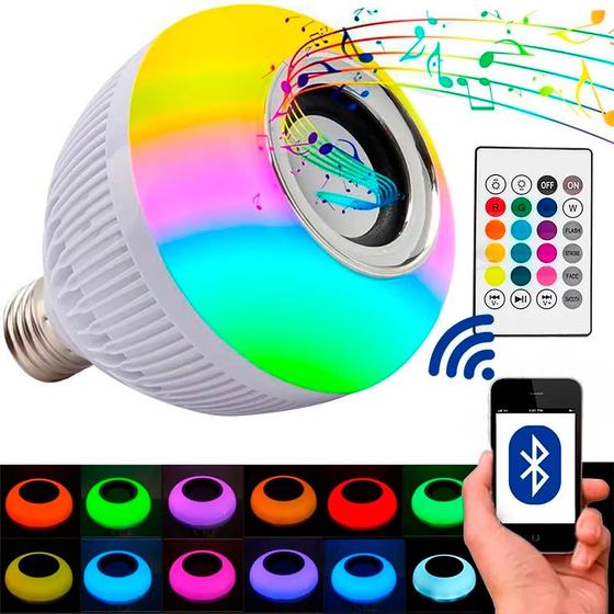 Imagem de Lâmpada Musical Caixa de Som Bluetooth Luz Led Colorida RGBW Controle Remoto E-27 Bivolt