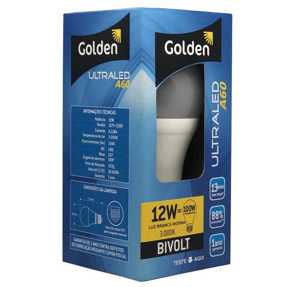 Lâmpada Ultra Led A60 12W Bivolt 3000k - Golden Menor preço em Lâmpada Ultra Led A60 12W Bivolt 3000k - Golden