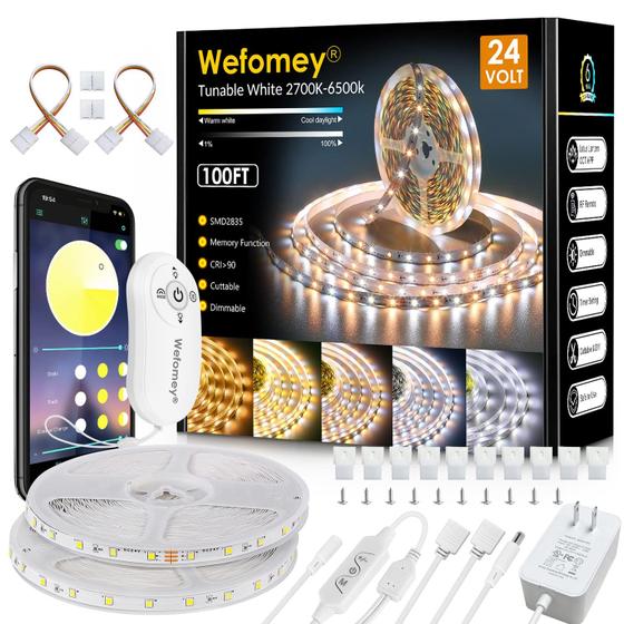Imagem de Lâmpadas de LED Wefomey, 100 pés, reguláveis em 24 V com controle remoto e aplicativo