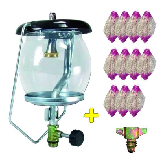 Imagem de Lampião Lamparina de Gás Rosca Fina P2 Com Vidro 11 Camisinhas e Adaptador Rosca Grossa