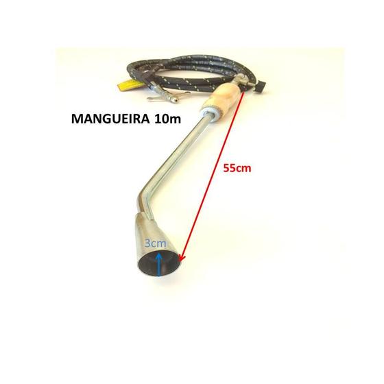 Imagem de Lança Chamas com mangueira de 10 metros 55cm Sapecador Maçarico Acendedor Com 2 Registros Cabo em Madeira a Gás