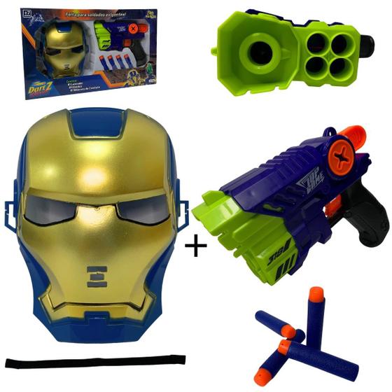 Imagem de Lança Dardos Com Máscara Homem De Ferro Brinquedo Presente Menino Super Heroi Infantil Diversão