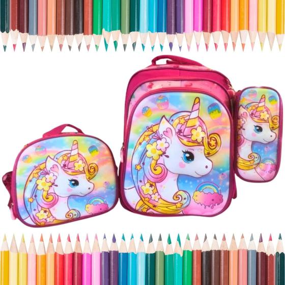 Imagem de Lancheira Mochila E Estojo Infantil Unicórnio Rosa Brilhante Charmoso E Espacioso Para Livros E Lanches Barato