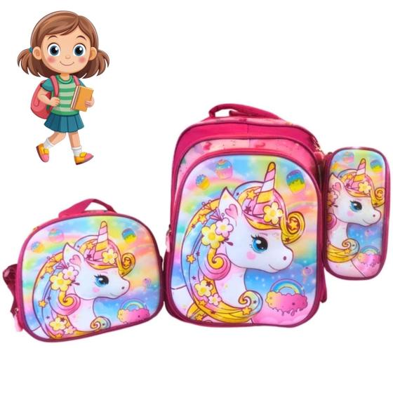 Imagem de Lancheira Mochila E Estojo Unicórnio Infantil Rosa Compacto Estiloso E Resistente Ideal Para Presentear Entrega Rápida