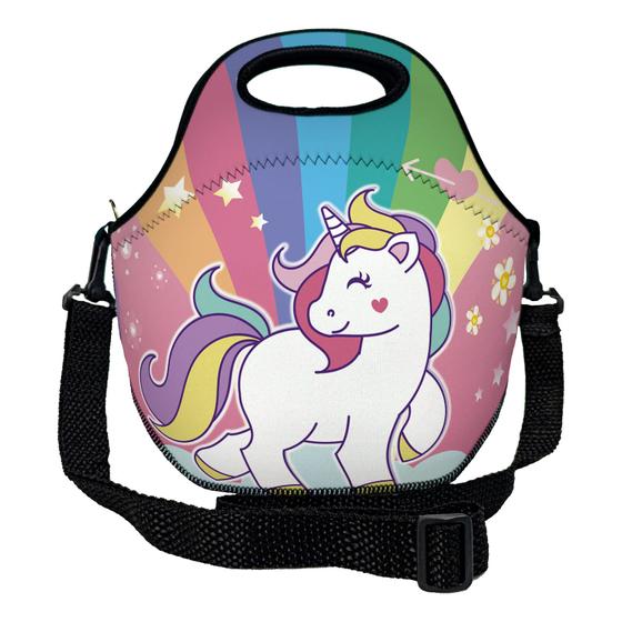 Imagem de Lancheira Térmica Escolar em Neoprene Infantil Reforçada com alça  ISOPRENE  Unicórnio Encantado