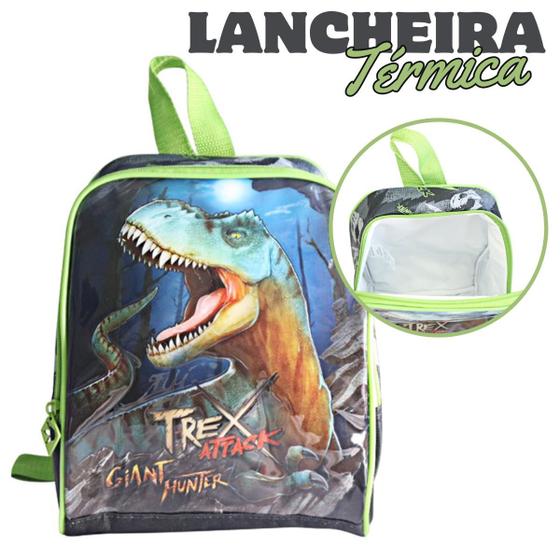 Imagem de Lancheira Térmica Escolar Infantil Dinossauro T-Rex Lanche Quente e Frio Estampa Menino Verde Reforçada Resistente