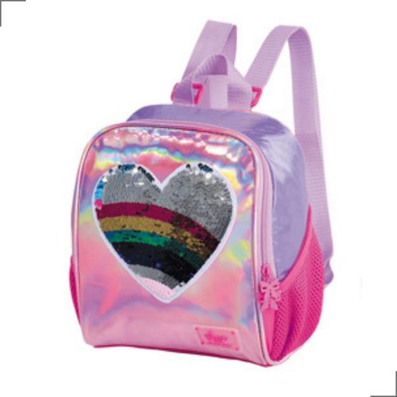 Imagem de Lancheira Térmica Menina Infantil Escolar Mini Mochila 2 em 1 Coração Paetê Pequena Creche