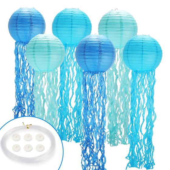 Imagem de Lanternas de papel Decoration GAILROSO Jellyfish, pacote com 6, azul, 25 cm