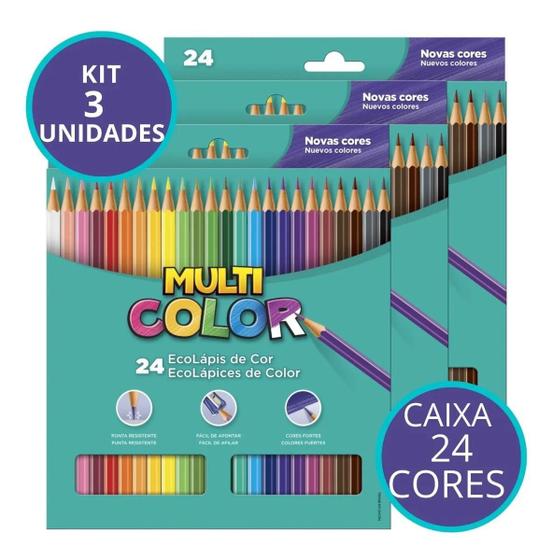 Imagem de Lápis de Cor 24 Cores Multicolor Resistente Kit C/3 Caixas