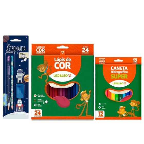 Imagem de Lápis de cor 24 Cores redondo + Canetinha 12 Cores + Kit Temático com Lápis Borracha e Apontador