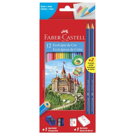 Imagem de Lápis de Cor EcoLápis 12 Cores, Kit com Apontador, Borracha e 2 EcoLápis Grafite Faber-Castell