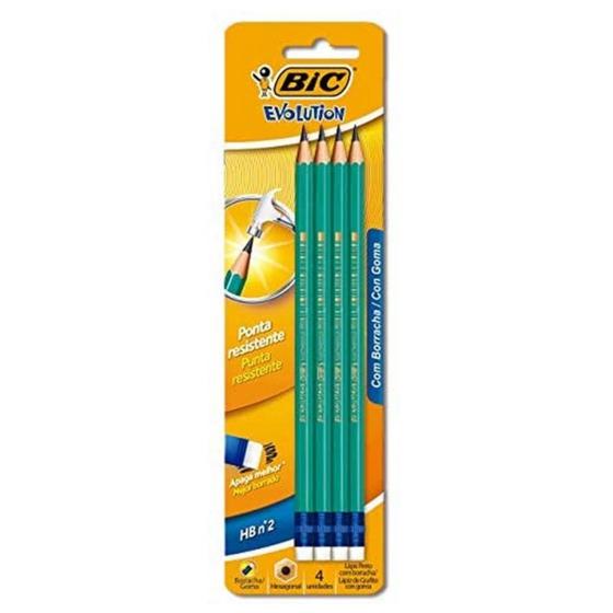 Imagem de Lápis preto com borracha Bic Evolution HB n2 ponta resistente com 4 unidades