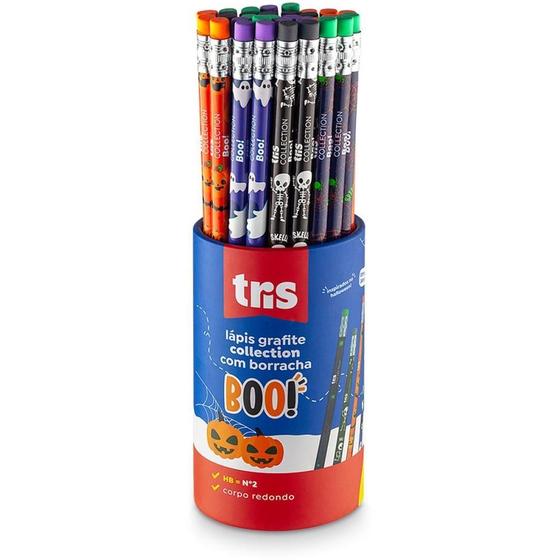 Imagem de Lápis Preto Redondo Decorado TRIS Collection Boo com Borracha - Pote com 36