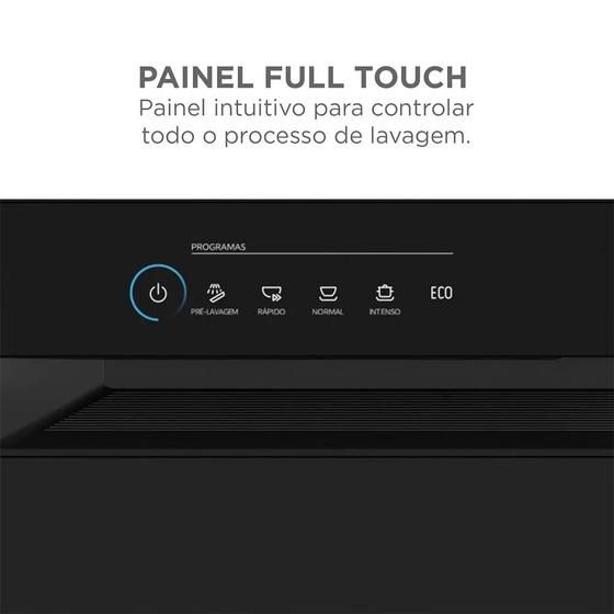 Detalhe do painel Full Touch da Lava Louças Midea, com ícones iluminados para os programas Pré-lavagem, Rápido, Normal, Intenso e ECO, e o botão de ligar/desligar.