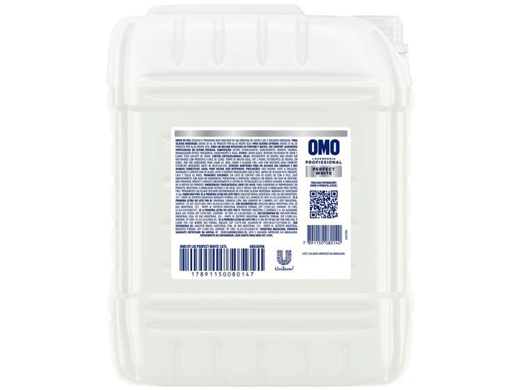 Galão branco de OMO Lavanderia Profissional Perfect White com rótulo traseiro detalhando instruções de uso e informações do produto.