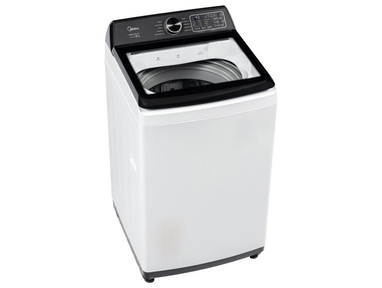 Lavadora de Roupas Midea 12kg branca com painel digital preto em vista superior.