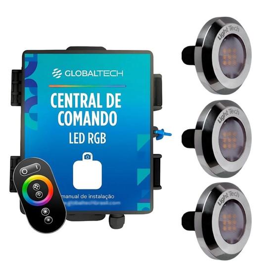Imagem de Led Piscina - Kit 3 Tiny Led INOX RGB com Central e Controle Touch