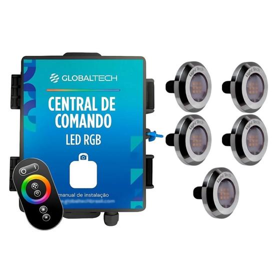Imagem de Led Piscina - Kit 5 Tiny Led INOX RGB com Central e Controle Touch