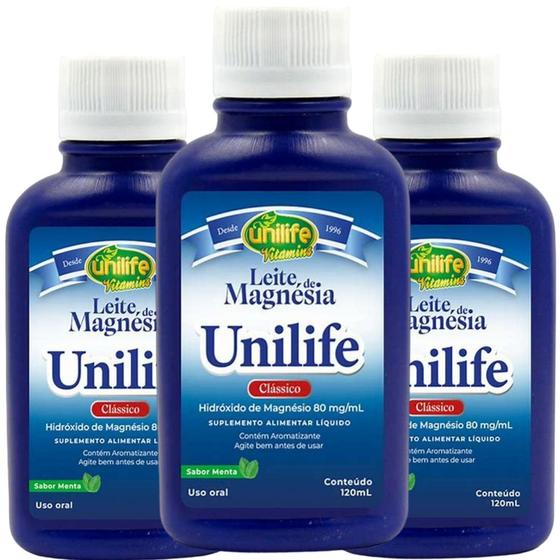 Imagem de Leite de Magnésia Sabor Menta 120ml Unilife Kit com 3