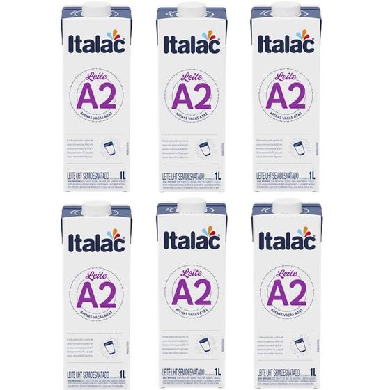 Leite Semidesnatado A2A2 UHT ITALAC TetraPak Com Tampa - 1 Litro - 6 Unids Imagem de Leite Semidesnatado A2A2 UHT ITALAC TetraPak Com Tampa - 1 Litro - 6 Unids