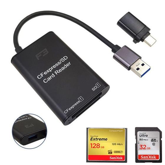 Leitor de Cartão CFexpress e SD Card para USB 3.0 5gb/s Adaptador USB-C - F3 Menor preço em Leitor de Cartão CFexpress e SD Card para USB 3.0 5gb/s Adaptador USB-C - F3