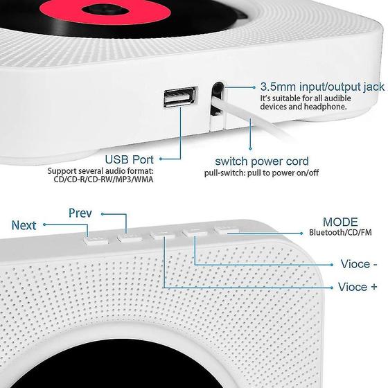 Imagem de Leitor de CD Portátil Wokex com Bluetooth e FM - Montável na Parede