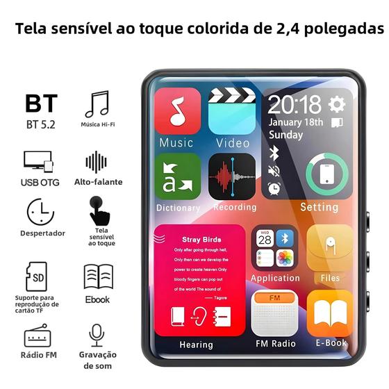 Imagem de Leitor de MP3 com Tela Touch de 2,4" - Bluetooth, Hi-Fi, 4-128GB e Gravação