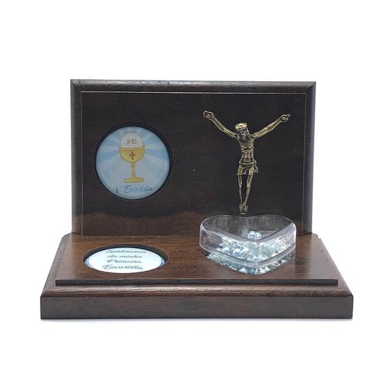 Imagem de Lembrança Primeira Eucaristia Comunhão Madeira Com Terço Azul Menino