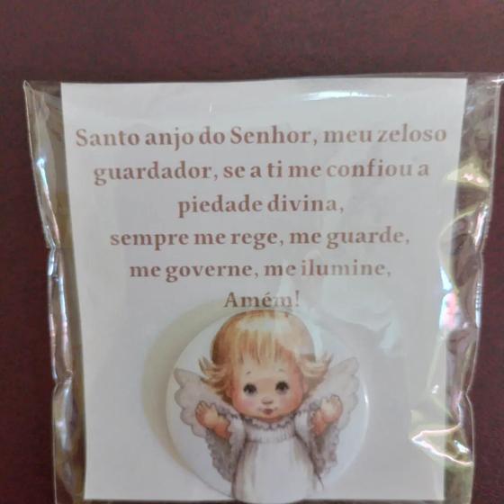 Imagem de Lembrancinha batizado 10 kits de botton com cartão de oração do anjo da guarda 
