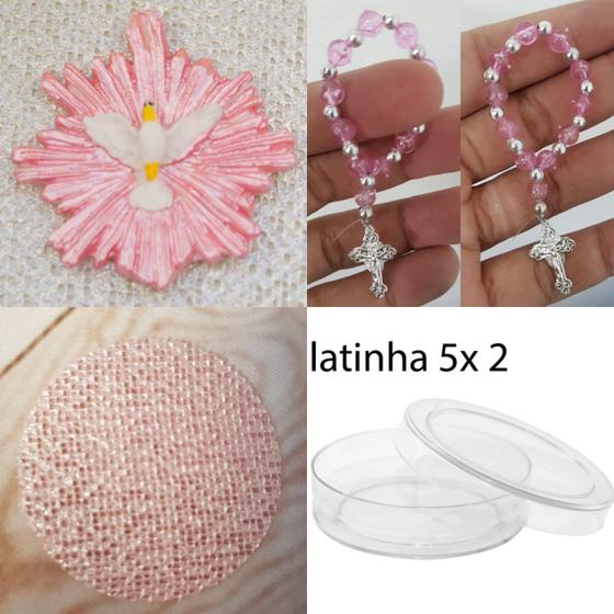 Imagem de Lembrancinhas para montar 10 latinhas acrílico 5x2 + 10 mini terços + 10 apliques de biscuit + 10 círculos de tela de fundo para aplique