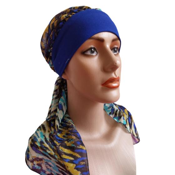 Imagem de Lenço Feminino Turbante  Quimioterapia pronto para usar "AZUL FAIXA E O LENÇO ESTAMPADO