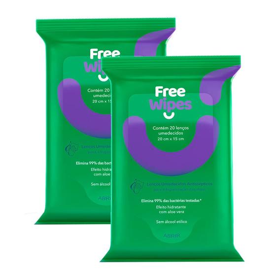 Imagem de Lenço Umedecido Free Wipes Antisséptico com 20 Unidades  Kit com duas unidades