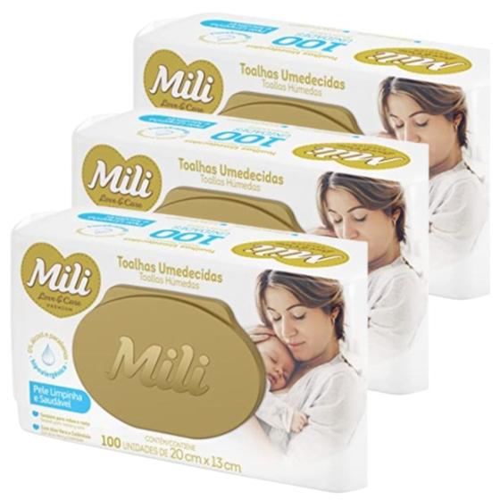 Imagem de Lenço Umedecido Mili Love & Care Premium   3 Pacotes c/ 100 (0% álcool e parabenos) super macias