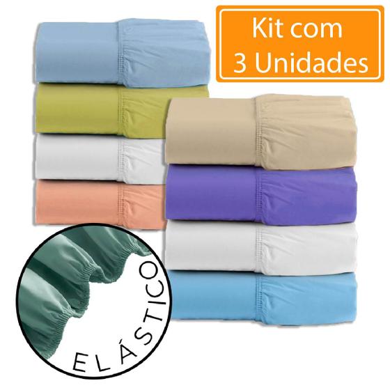 Imagem de Lençol Casal Com Elástico Kit 3 Unidades Percal Cama Box Coloridos 