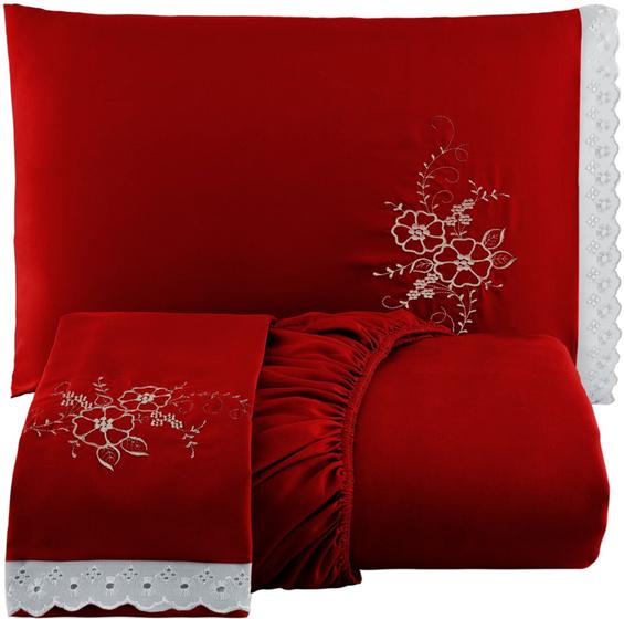 Imagem de Lencol Casal Queen Size 3Pçs Bordado com Lese