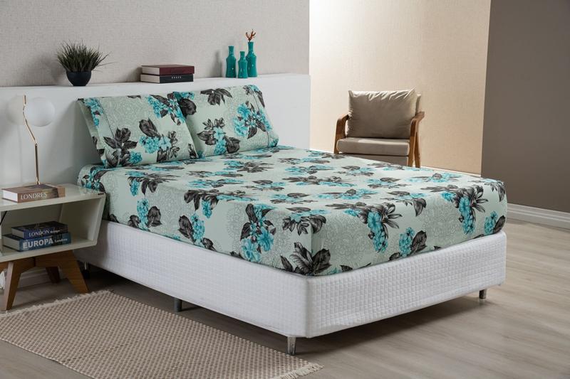 Imagem de Lençol Com Fronhas Ponto Palito Estampado Casal Padrão Cama Box 3 Peças