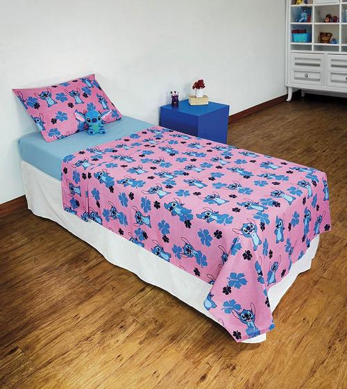 Imagem de Lençol de Cama Solteiro Estampado Stitch 1,40 x 2,10m com 2 peças