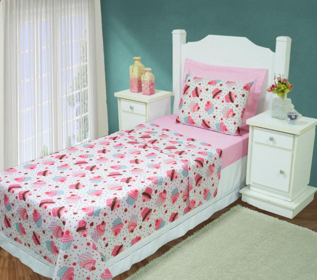 Lençol Infantil de Menina Jogo de Cama Solteiro 3pçs Cupcake Menor preço em Lençol Infantil de Menina Jogo de Cama Solteiro 3pçs Cupcake