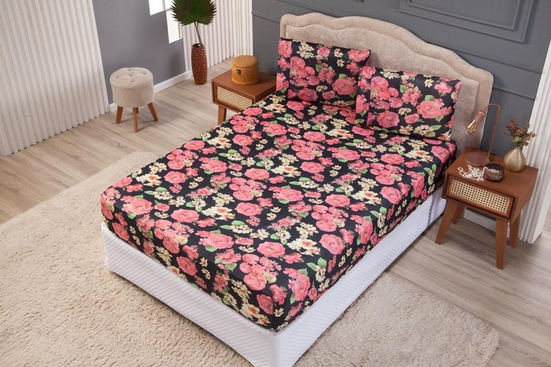 Imagem de Lençol para Cama de Casal Malha Gel Prático 1 pç Estampa 8 Floral Preto e Rosa