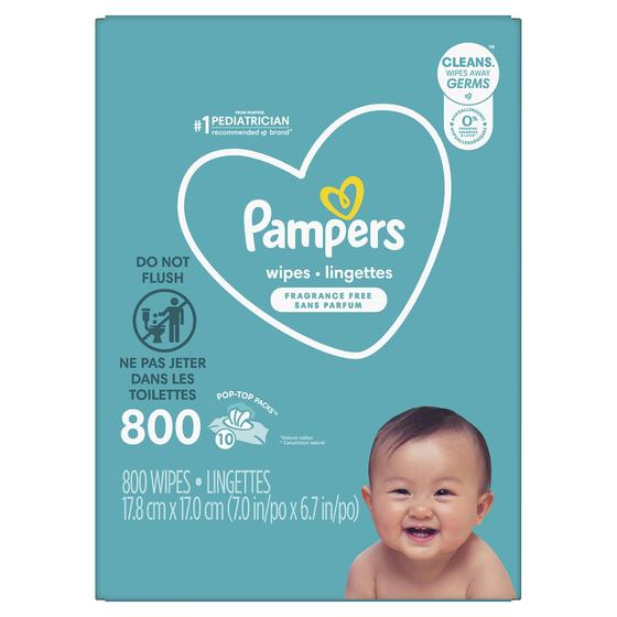 Imagem de Lenços umedecidos para bebês Pampers, 10 vezes sem perfume, pacotes pop-up, 800