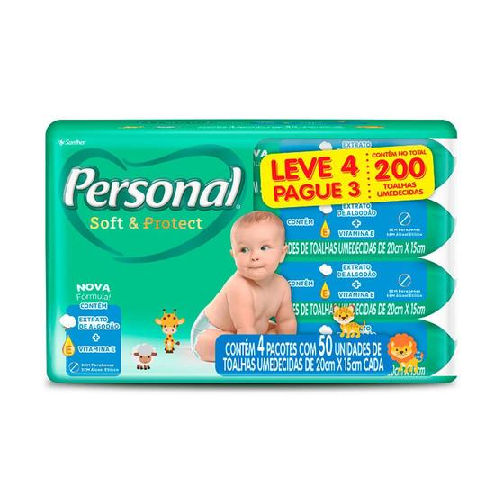 Imagem de Lenços Umedecidos Personal Baby Soft & Protect Leve 4 Pague 3 com 4 Pacotes com 50 Unidades Cada