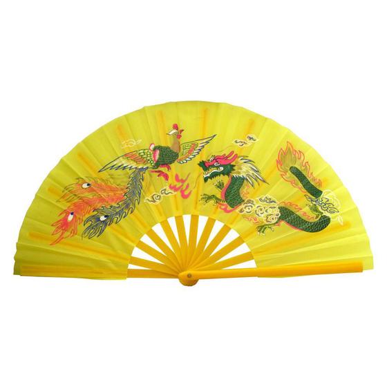 Imagem de Leque Oriental com Desenho de Dragão e Fênix - Amarelo