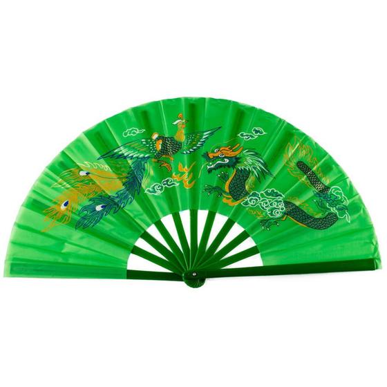 Imagem de Leque Oriental com Desenho de Dragão e Fênix - Verde